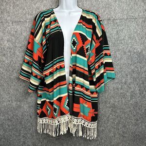 Duchess Open Front Kimono‎ Top Womens S Aztec Fringe 3/4 Sleeve Rayon VTG USA